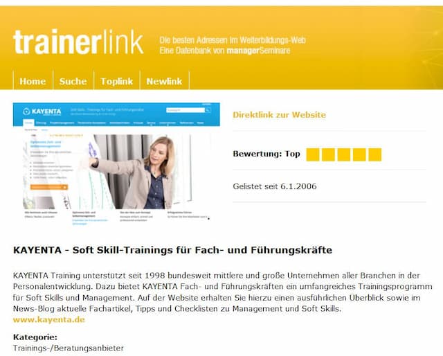 „Top“ Bewertung bei trainerlink.de für unsere Homepage
